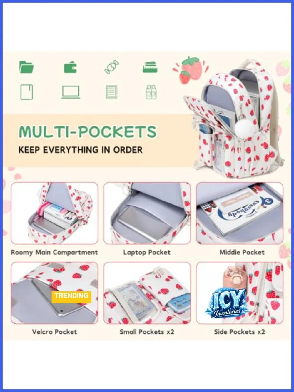 Girls Backpack with Strawberry Bow Design, Laptop Compartment